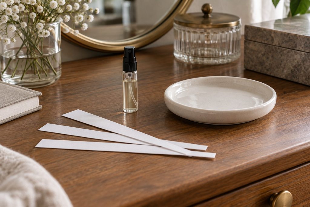 Paper scent strips and a clear perfume sample vial on a dresser