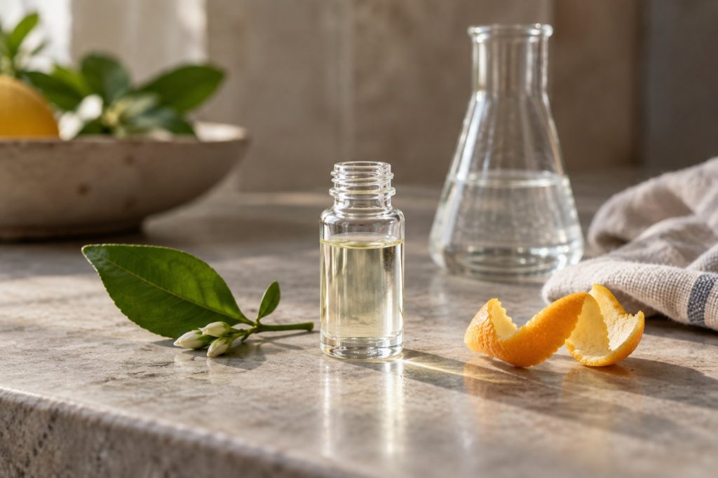 A generic fragrance vial beside a leaf, citrus peel and clean glass container