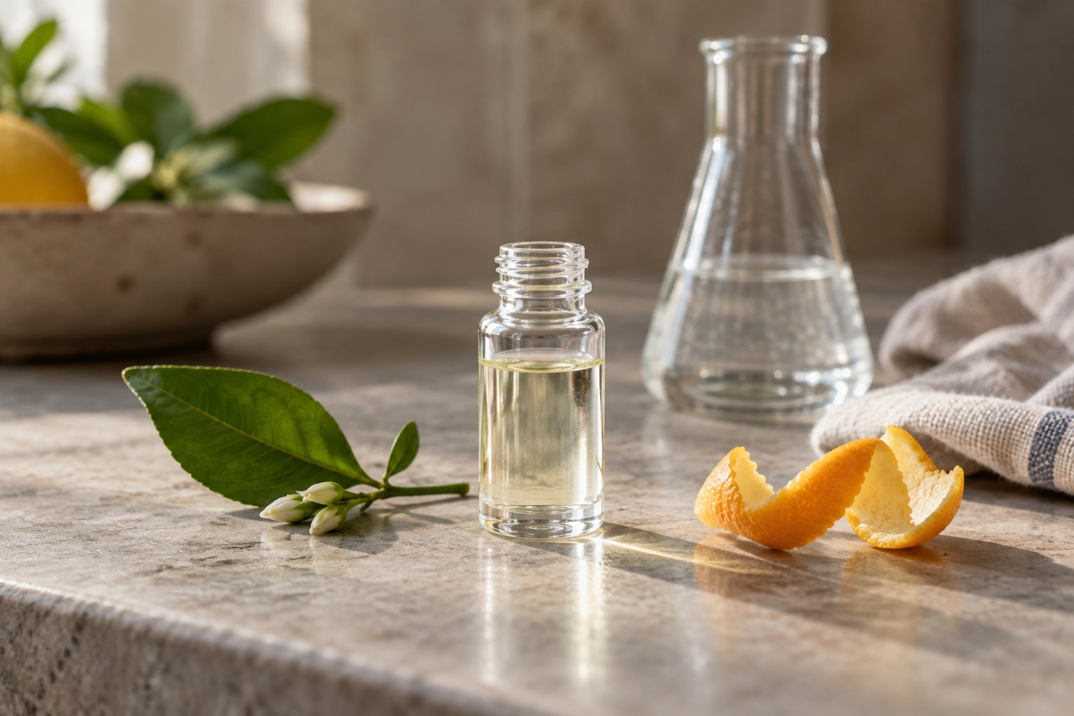A generic fragrance vial beside a leaf, citrus peel and clean glass container