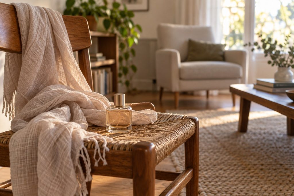 A perfume bottle and scarf beside two chairs at different distances