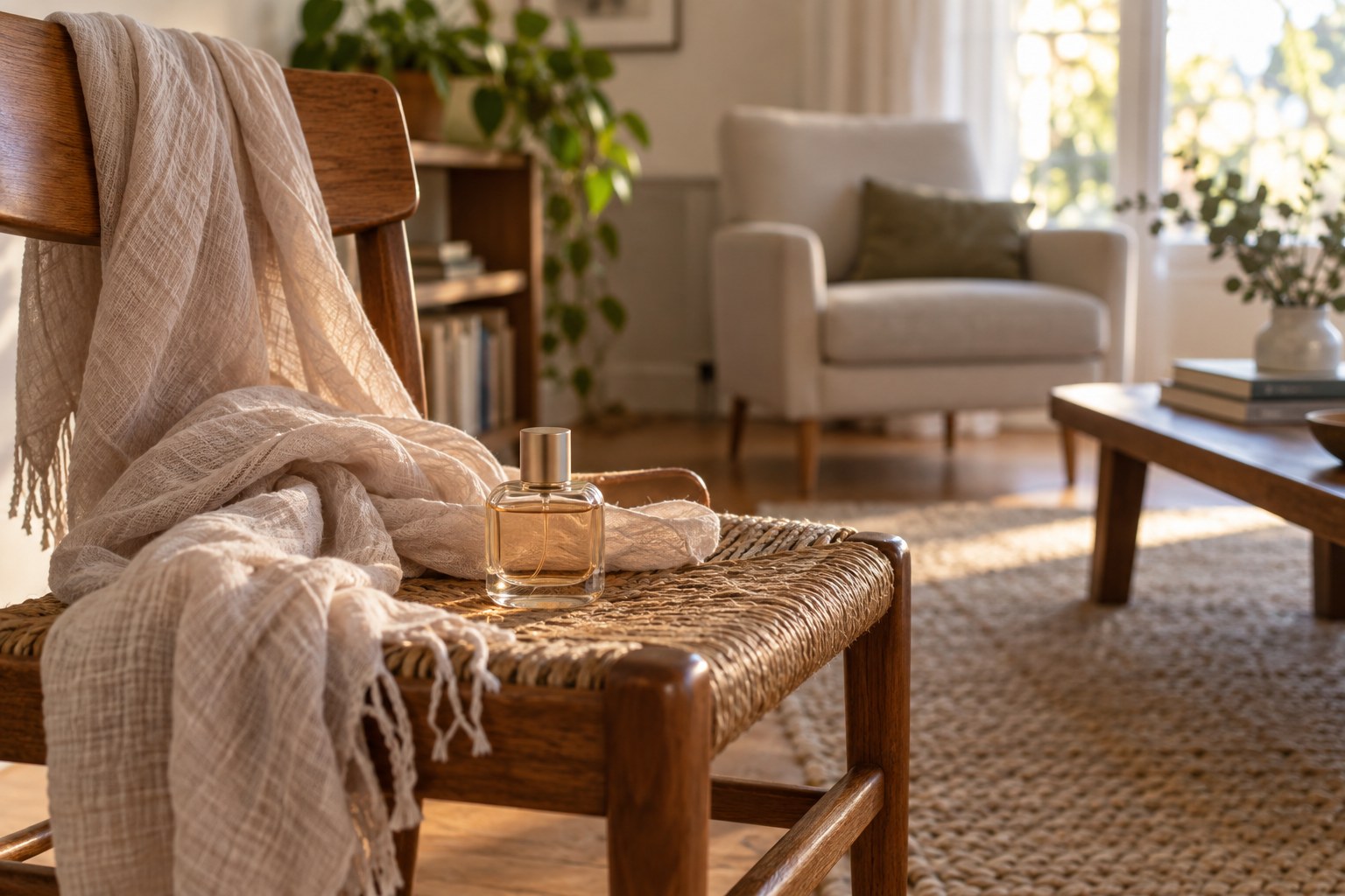 A perfume bottle and scarf beside two chairs at different distances