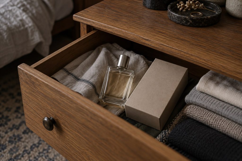 An unbranded perfume bottle and box in a shaded wooden drawer