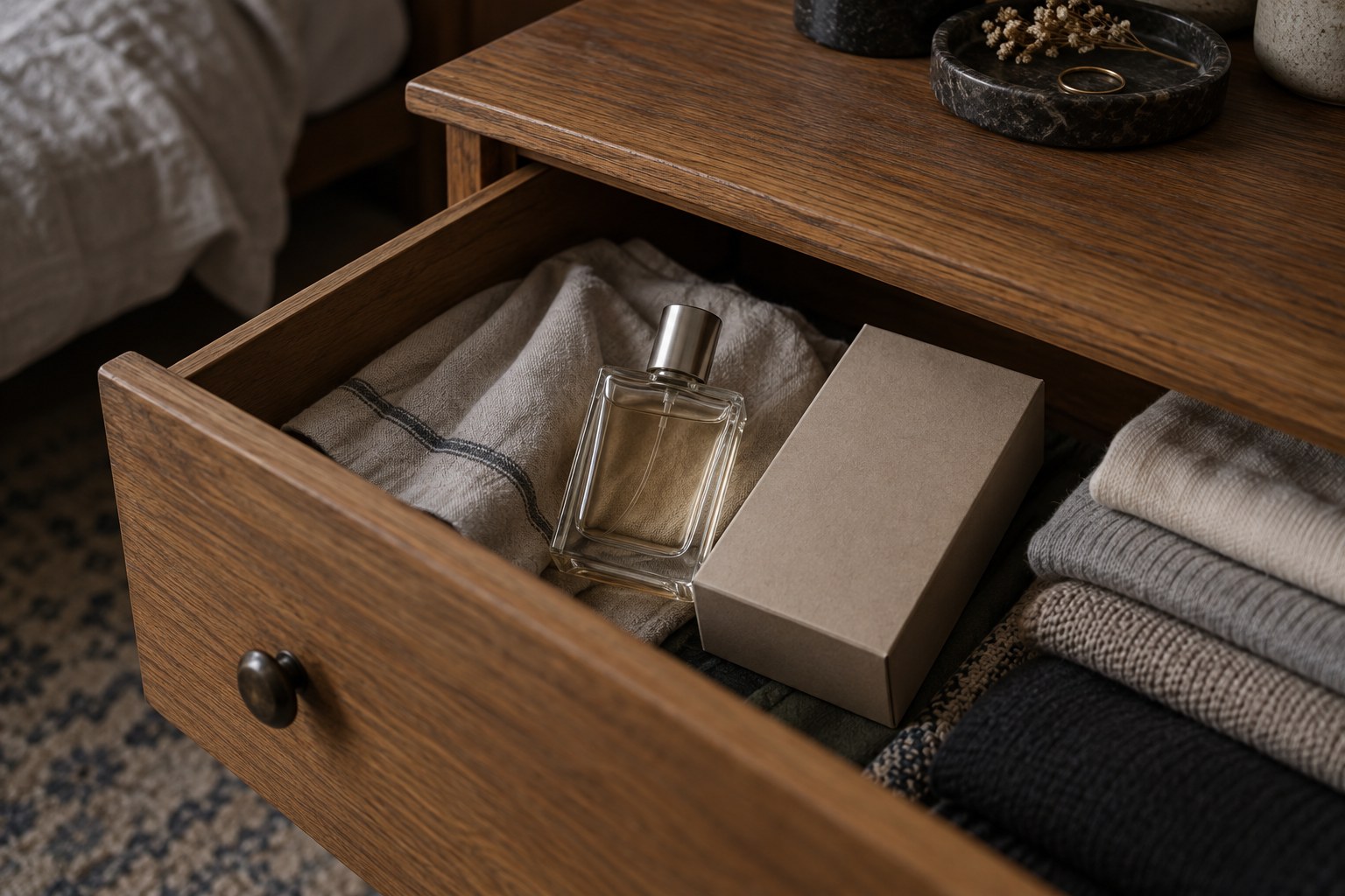 An unbranded perfume bottle and box in a shaded wooden drawer